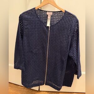 Chico's Navy Blue Eyelet Zip Top 3/4 Sleeve Size 3
